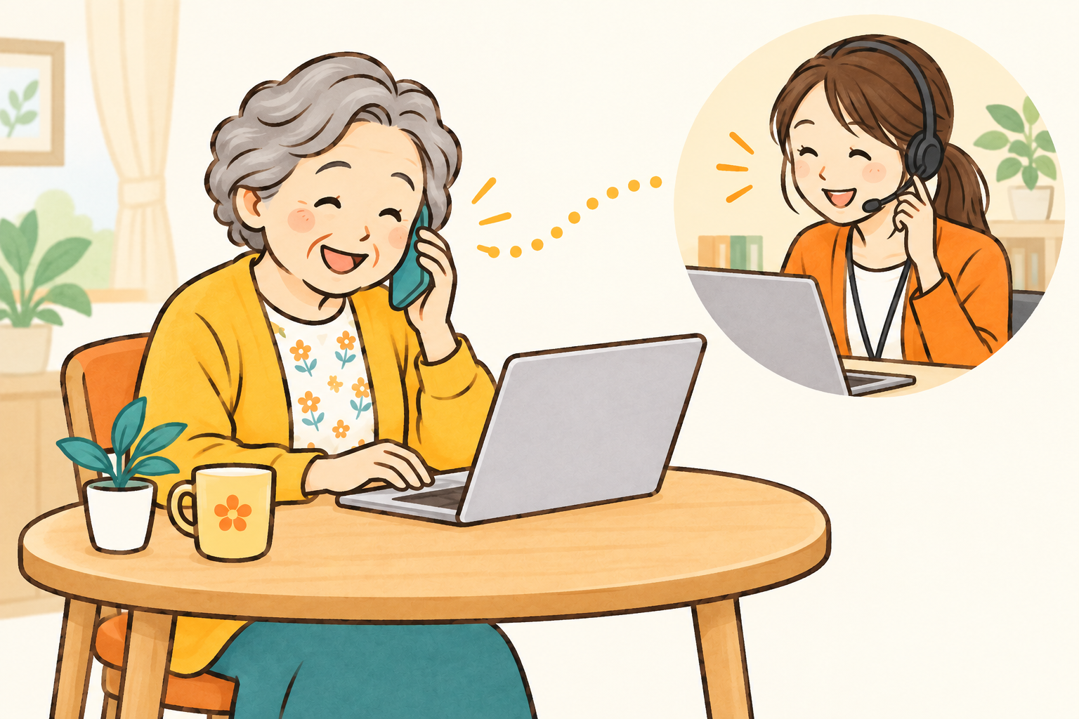 おばあさんが女性スタッフに電話で教わりながら、笑顔でパソコンを操作するイラスト